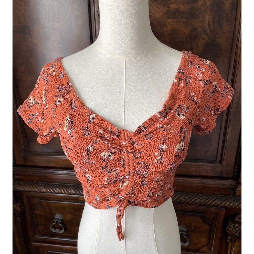 Derek Heart Floral Smocked Crop Top L Ruched Tie Front Cottagecore Boho Peasant